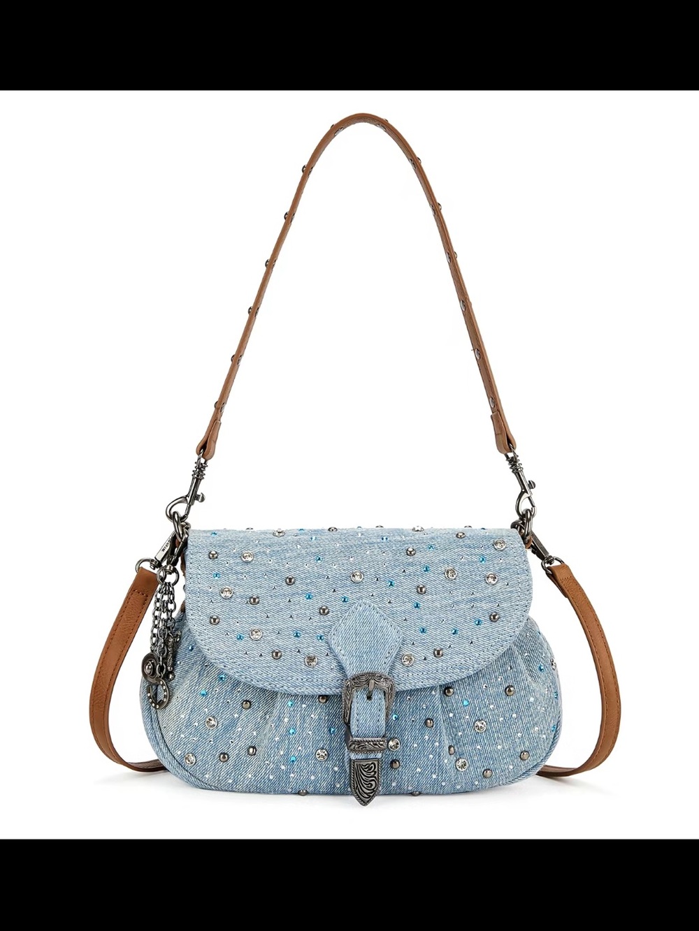 Wrangler Denim Shoulder Bag with Brown Strap and Silver Studs - Picture 8 of 8